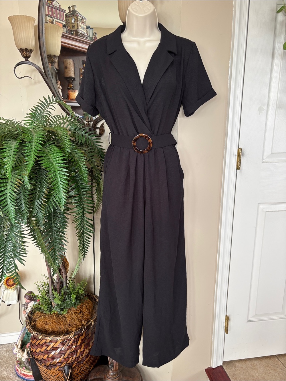 NWT Monteau Black Short-Sleeve Jumpsuit Collared V-Neck Wrap Cinched Belt Waist
